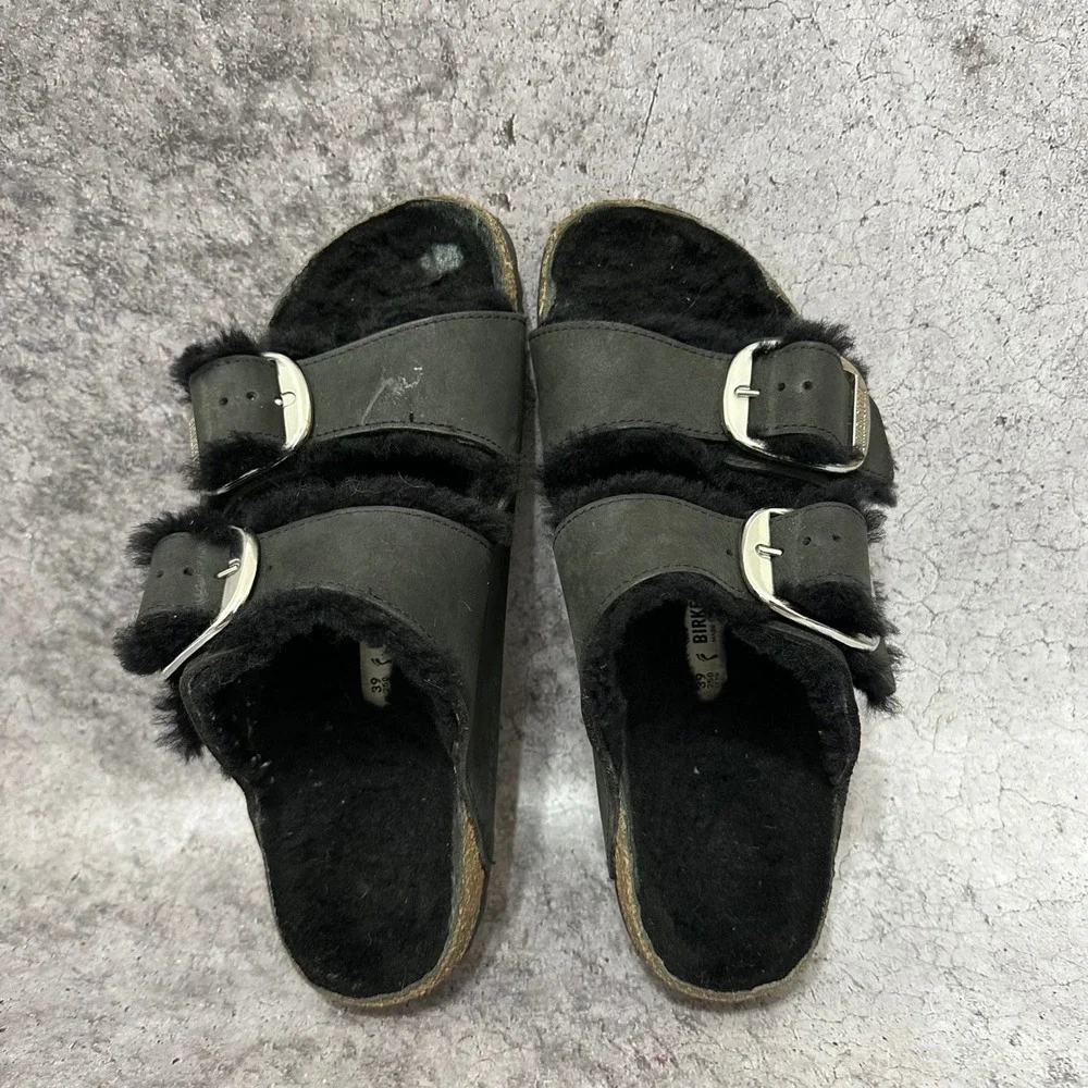 Birkenstock Arizona Big Buckle Sandals Womens 39 US 8 Black Shearling Leather